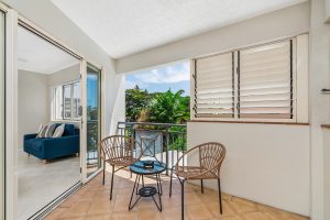 balcony with dining setting at North Cove apartments
